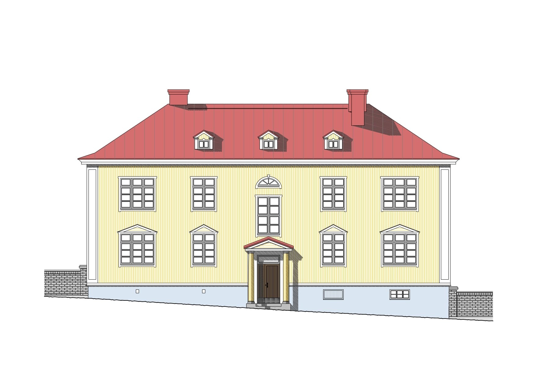 Suuren puutalon julkisivupiirustus itään