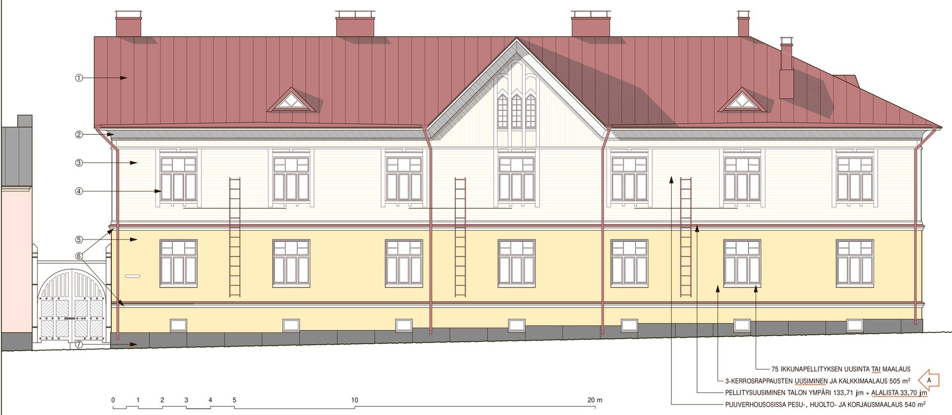 Vanhan kerrostalon katujulkisivupiirustus, alaosan kolmikerrosrappaus ja kalkkimaalaus